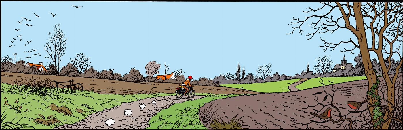 Tintin en moto l'hiver dans Tintin et les Picaros